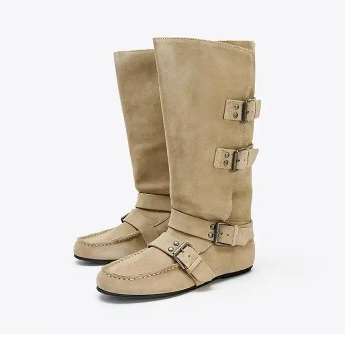 Nouvelles bottes hautes en daim mat pour femmes avec boucle de ceinture, talon dissimulé, style western, bottes de cavalier