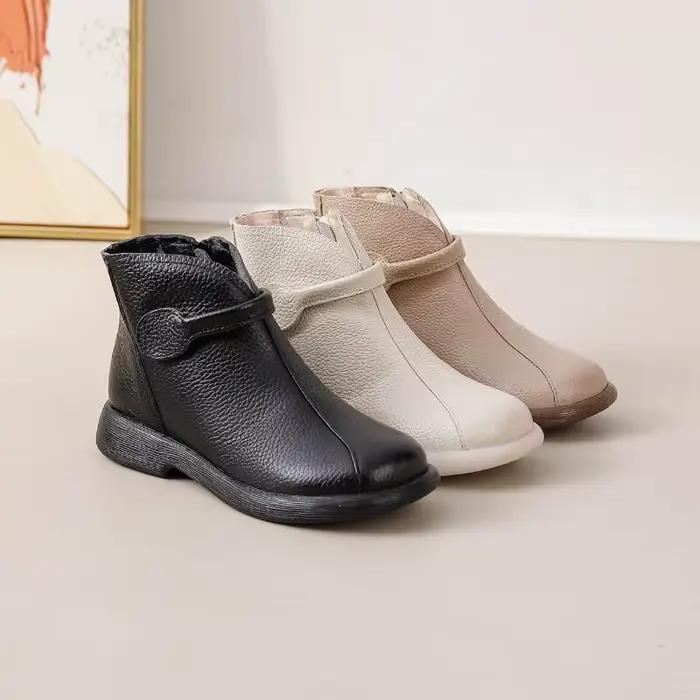 2025 automne début hiver chaussures en cuir véritable femmes bottines doux rétro marque dames bottes grande taille 41 Beige noir D645