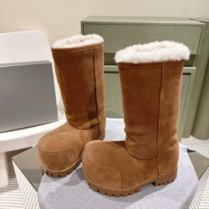 Bottes de neige longues à plateforme pour dames, chaussures en coton chaud, design à grosse tête, marron, à la mode