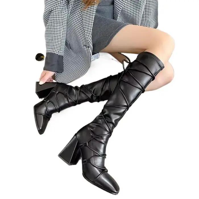 Bottes longues noires à talons hauts pour femmes, bottines fines avec lanière élastique à la cheville, bout pointu, semelle en caoutchouc antidérapante, résistantes à l'usure, pour toutes les occasions spéciales