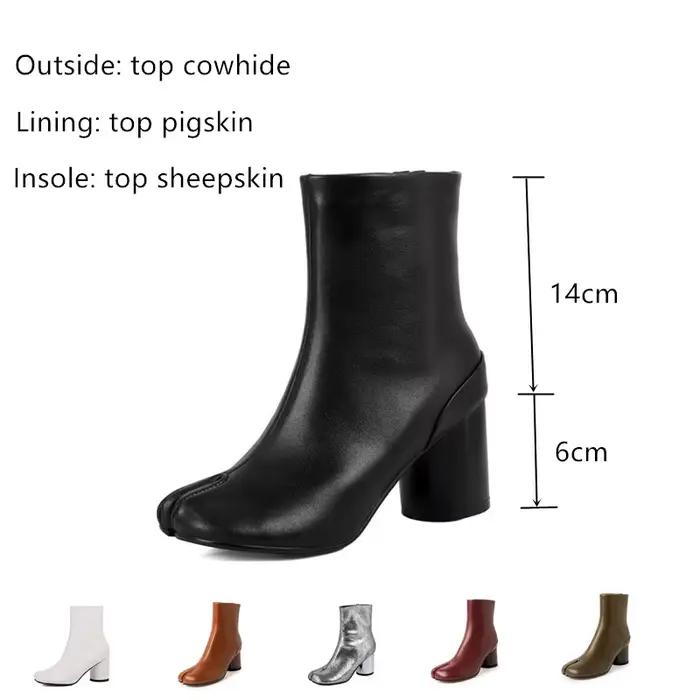 Bottines Tabi de luxe pour femme 2026 en cuir véritable à bout fendu, talon bloc épais, chaussures de soirée mode automne-hiver
