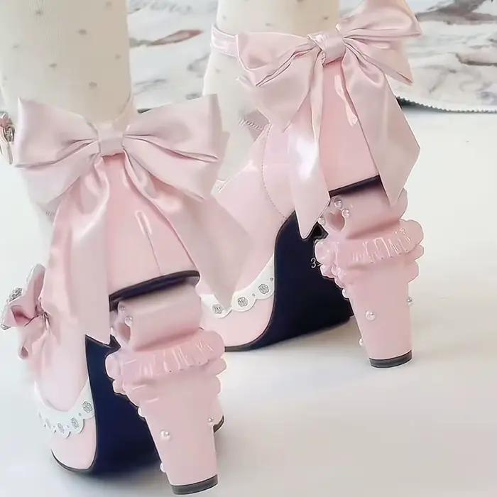 Chaussures en cuir à talons hauts Lolita pour femmes, originales, Style féerique, Cosplay japonais, Design de 5cm, chaussures de rue avec nœud en strass, Y2k