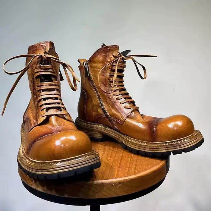 Bottines en cuir véritable faites à la main pour homme, style britannique rétro, bottes de qualité pour printemps et automne, ajustement parfait, bout rond, hauteur moyenne, pour affaires et loisirs