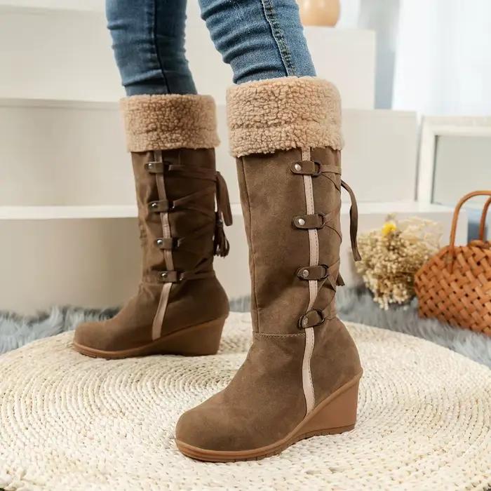 Bottes à talons compensés chaudes et confortables pour femmes, style concis, hautes de cheville, étanches et résistantes à l'eau pour les occasions hivernales