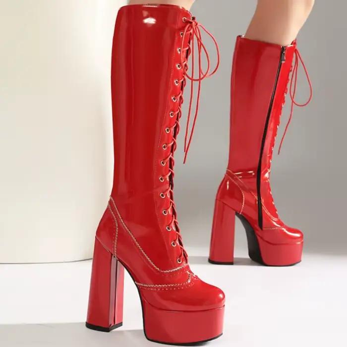Bottes hauteur genou en cuir verni, unies rouge, blanc, rose, à lacets, chaussures sexy pour femmes, chaussures d'hiver, bout rond, plateforme, talons hauts, pour femme.