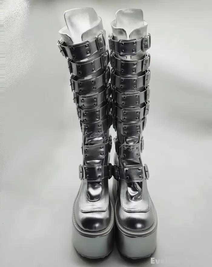 Bottes à Plateforme Argentée Compensées au Genou pour Femme