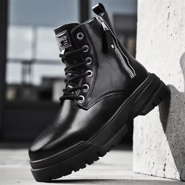 Bottes de travail de moto à semelles épaisses mi-mollet pour hommes en cuir artificiel style britannique robustes et élégantes pour hiver et travail