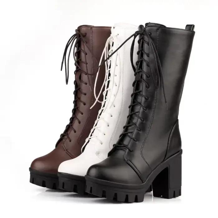 Botas Mujer personnalisé femmes bottes mode bout rond croix liée talons hauts marron bottes longues plate-forme chaussures B118