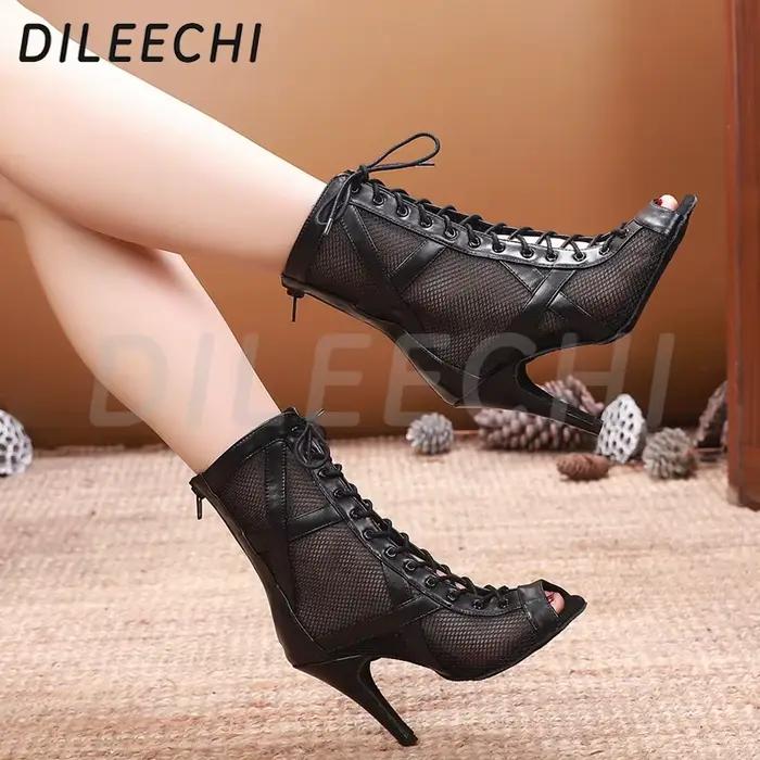 DILEassassined I-Bottes de brevLatine pour Femme, Chaussures en Maille de Dentelle, Cuir, Salsa, ix, Salle de Bal, Talon Haut et Fin, Semelle Souple, 10cm