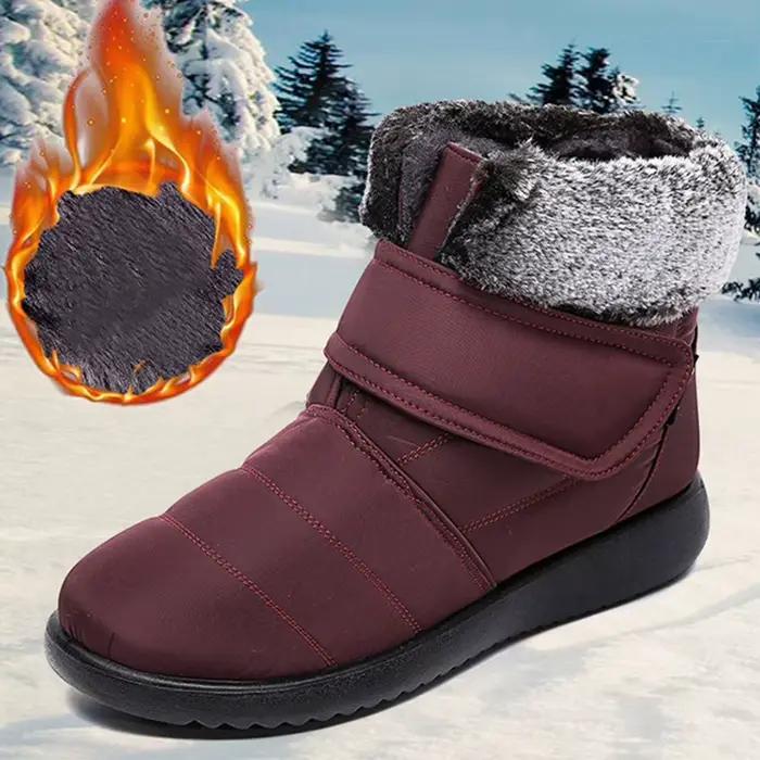 Bottes de neige élégantes en caoutchouc avec doublure en peluche courte pour femmes, résistantes à l'eau, bout rond, talon bas, style moderne, bottes de neige KUIDFAR pour hiver
