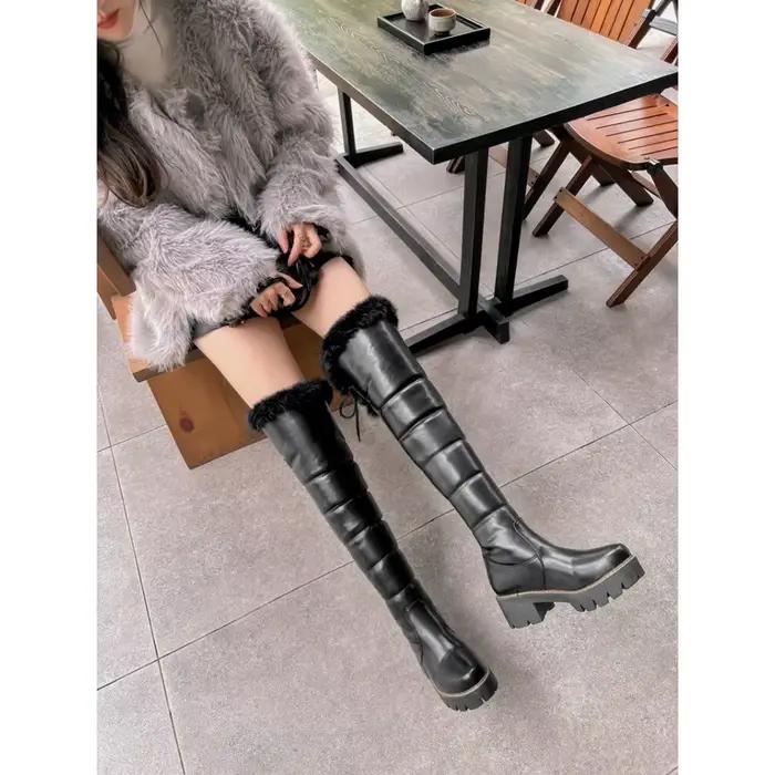 Cuissardes hautes femmes mode hiver chaud en peluche bout rond talons hauts robe de soirée dames noir marron longues plate-forme bottes 81-9