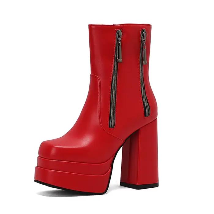 Femmes bottes printemps automne hiver mode bout rond talons épais côté fermeture éclair robe fête plate-forme bottine grande taille 48 49 50 338-46