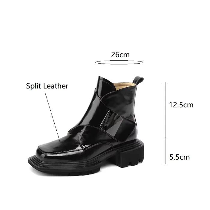 Bottes d'hiver en croûte de cuir pour femmes, bout carré, talon épais, plateforme, talons hauts, bottes courtes, chaussures concises pour dames, nouvelle collection