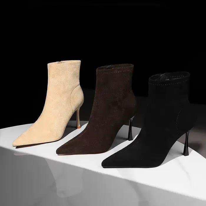 Bottes courtes de luxe pour femmes, élégantes, Style français, bout pointu, talon fin, coupe cintrée, fermeture éclair latérale, talon haut