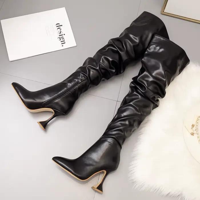 Cuissardes en cuir souple plissé pour femmes, chaussures au-dessus du genou, bout pointu, talons hauts, rouge, élégant, mode, automne, hiver