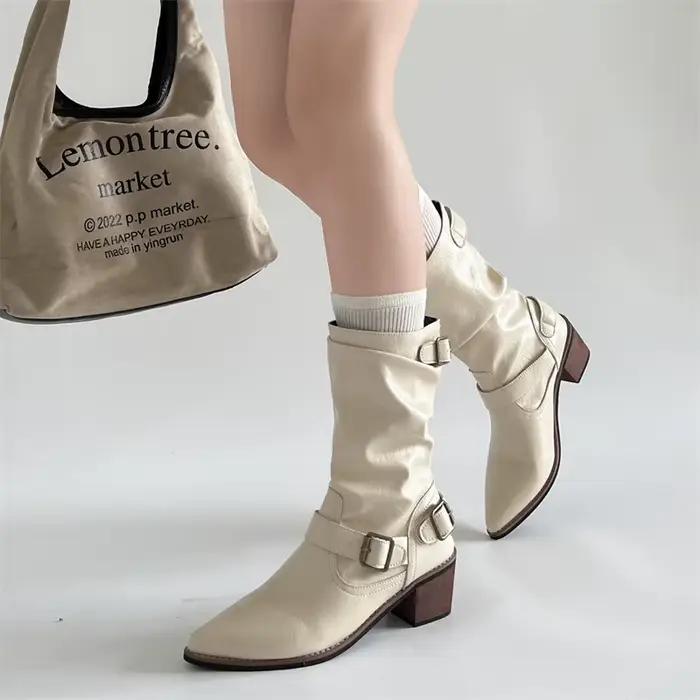 Bottes Western Vintage sans Lacets pour Femmes Talons Epais Mi-Mollets Occasions Spéciales