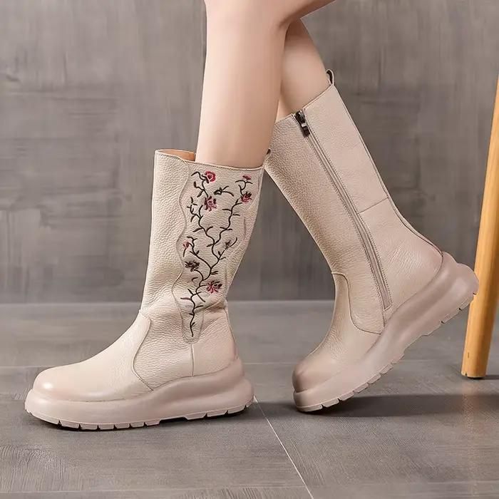 GKTINOO – bottes longues brodées en cuir véritable pour femmes, bottines à semelle épaisse faites à la main, chaussures à semelles compensées, bottes mi-mollet à plateforme