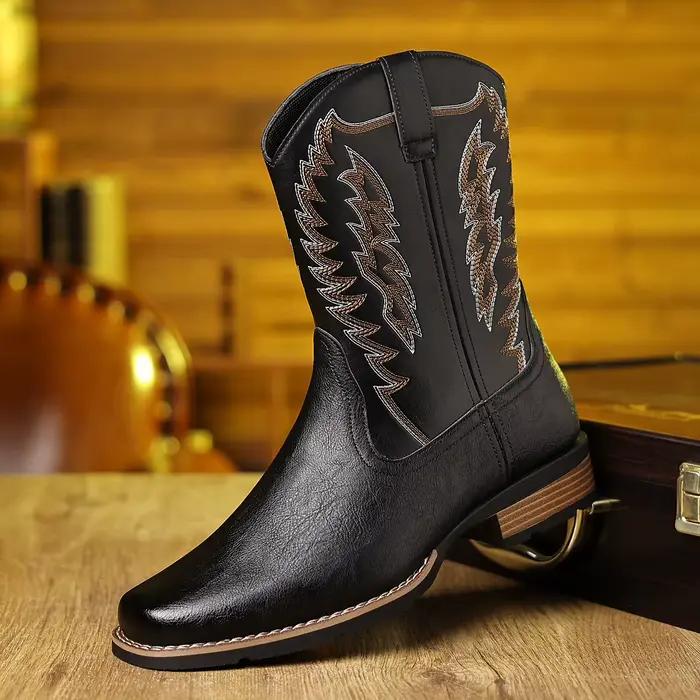 Bottes de cowboy brodées style western pour hommes, noires, mi-mollet, rétro, pour le travail en extérieur, décontractées, respirantes, antidérapantes