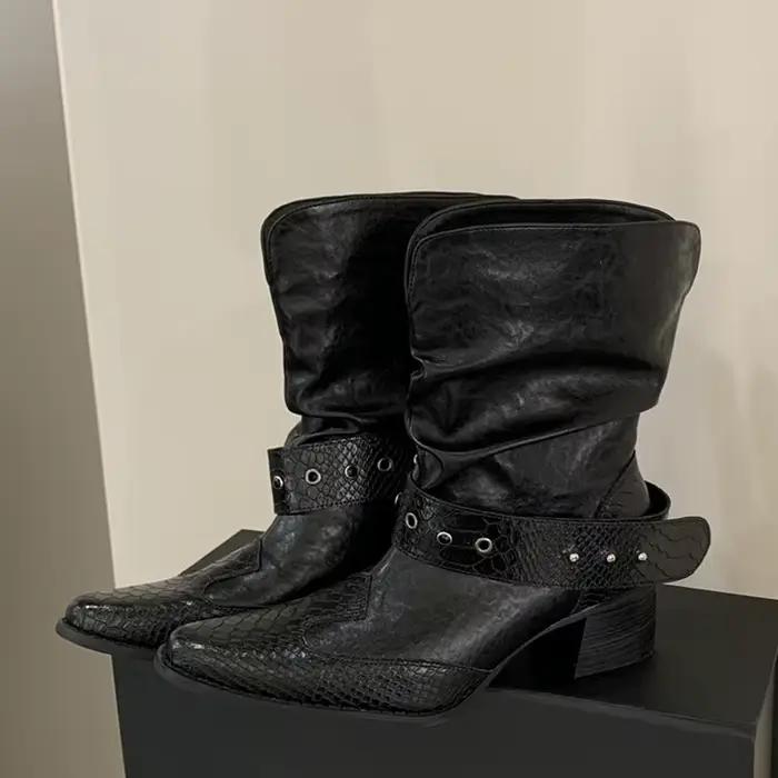 Eilyken – bottines style Punk à rivets et motif serpent pour femme, chaussures à la mode avec sangle à boucle, bout pointu, talons carrés, Zapatos Mujer