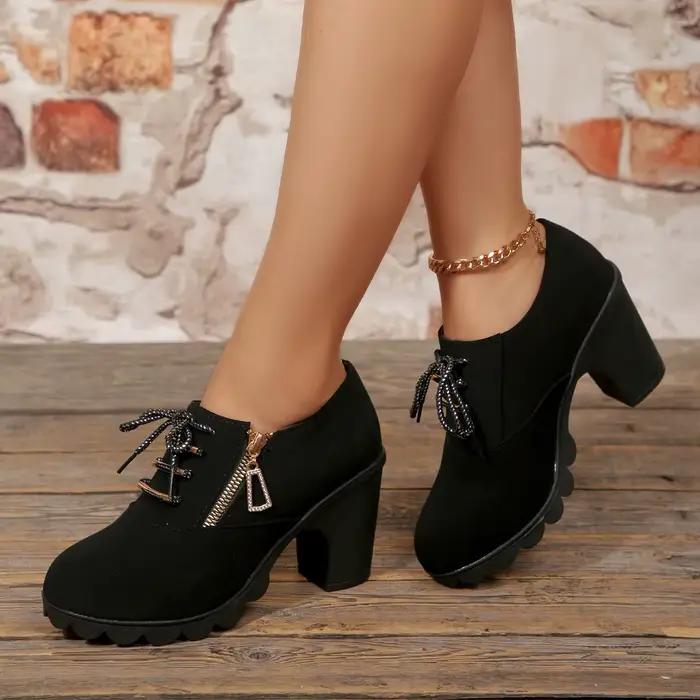 Bottes décontractées à talon aiguille grande taille pour femme, à fermeture éclair latérale, bout rond, chaussures basses pour le travail