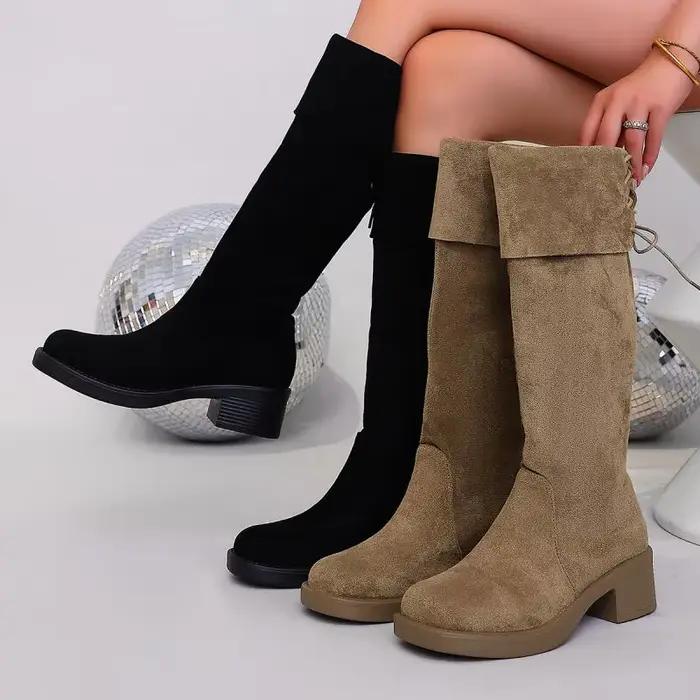 Bottes hautes en daim à lacets et nœuds pour femme, collection hiver 2026 – Bottes d'équitation classiques épaisses et mi-hautes pour femme, style vintage