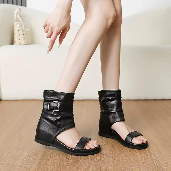 Superbes bottes pour femmes de style romain, à bout ouvert, à semelle épaisse, style western, bottes d'été, fermeture éclair à l'arrière, talon haut, chaussures confortables