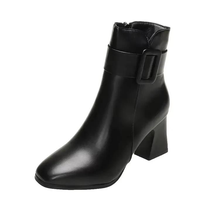 Bottines blanches à talon épais pour femme bout pointu chaudes et élégantes bottines courtes à boucle pour femmes occasions spéciales hiver printemps automne