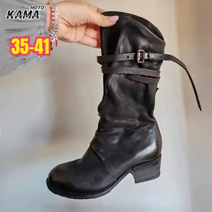 Bottes noires à boucle de ceinture pour femmes, bottes de cowboy vintage mi-mollet, bout rond, fermeture éclair, botas de motociclista