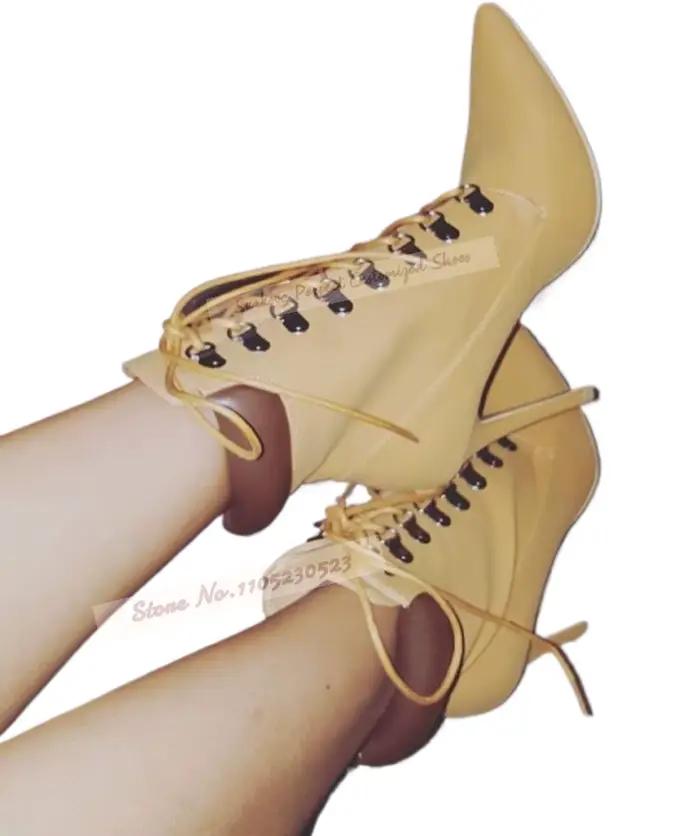 Bottines à talons aiguilles pour femmes, couleur Camel, col marron, Patchwork, bottines courtes à lacets, chaussures de moto à bout pointu