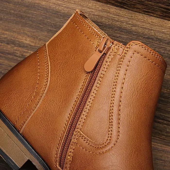 Bottines confortables en cuir artificiel pour hommes, bottes rétro, hecrafted, printemps automne, cheville, talon bas, bout rond, lacets, couture visible, semelle en caoutchouc et EVA, gris, gris foncé, chameau