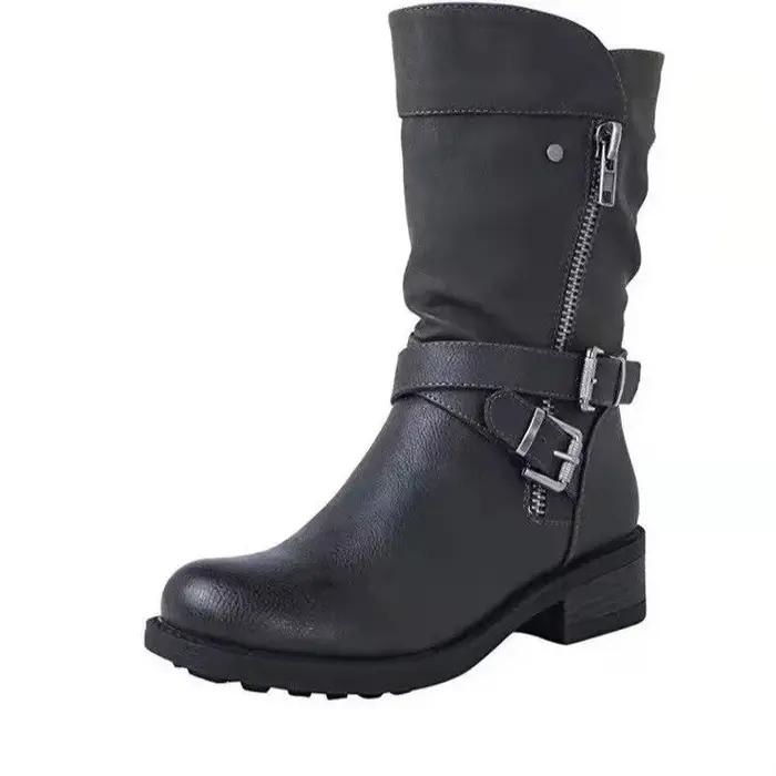 Chaussures femmes bottes en cuir rétro boucle De ceinture mi-mollet bottes bout rond 2023 nouvelles bottes décontractées imperméables femmes Botas De Mujer