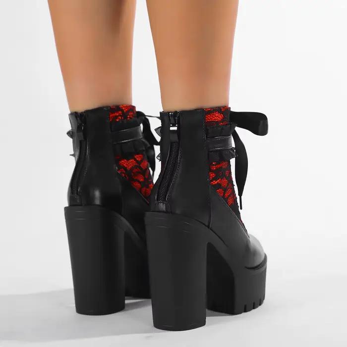 Gdgydh gothique dentelle Patchwork talon haut bottines pour femmes Vintage Style européen fermeture à glissière grosse plate-forme bottes rouge