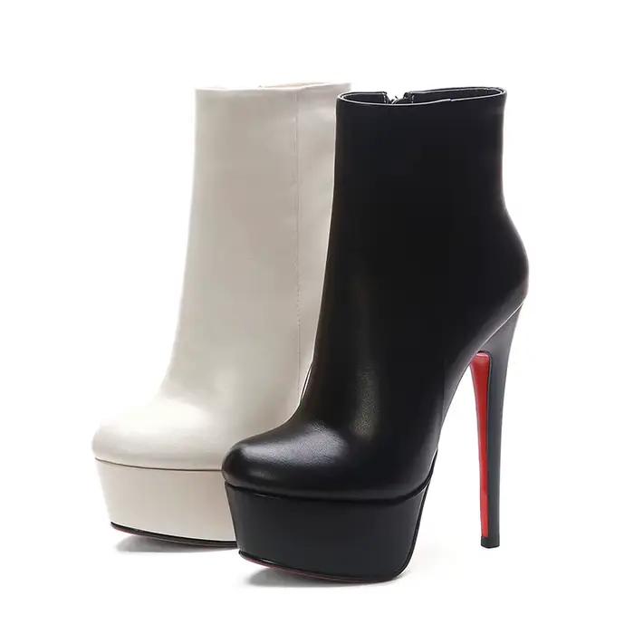 Arden Furtado Bottines en cuir véritable blanc pour femme, bout rond, plateforme imperméable, talon haut, fermeture éclair latérale