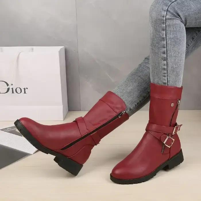 Chaussures femmes bottes en cuir rétro boucle De ceinture mi-mollet bottes bout rond 2023 nouvelles bottes décontractées imperméables femmes Botas De Mujer