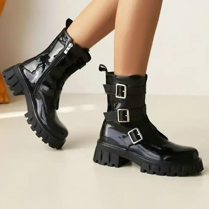 Bottines en cuir PU verni noir violet gothique pour filles occidentales, chaussures Cool d'hiver avec sangle multi-boucles, bottines à plateforme de styliste pour femmes