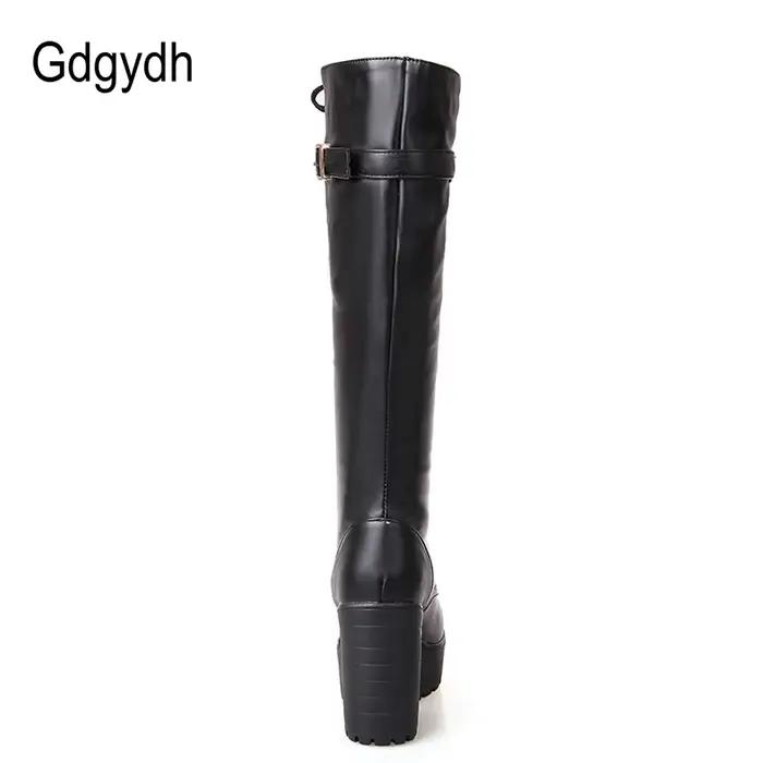 Gdgydh offre spéciale printemps automne laçage genou bottes hautes femmes mode blanc talon carré femme chaussures en cuir hiver PU grande taille 43