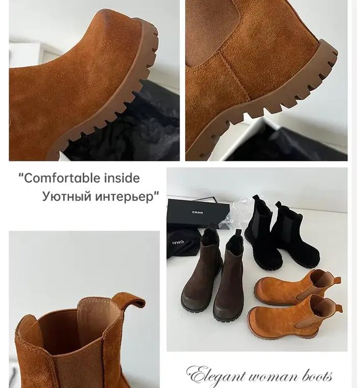 Ods femmes vache daim plate-forme bottes bout rond talon épais