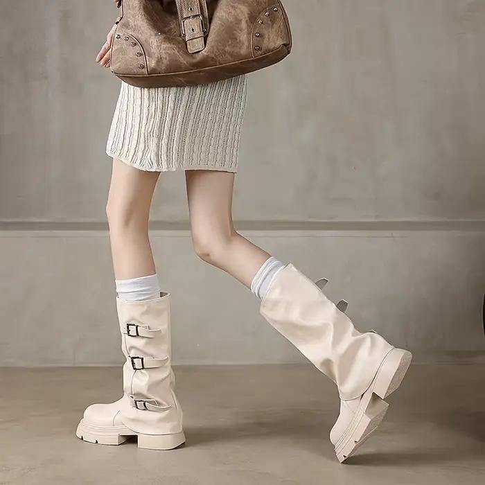 Bottes de Chevalier RANMO à Boucle Plissée Mi-Mollet pour Femmes Occasions Spéciales Confort Durables Mi-Saison Hiver