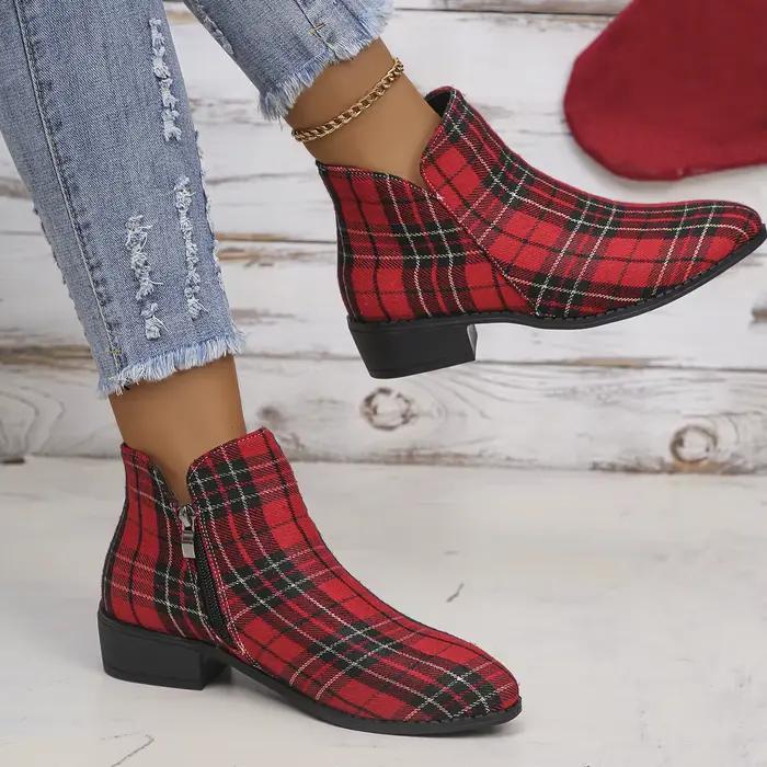 Bottes de rinçage à carreaux pour femmes, imprimé à carreaux de Noël, fermeture éclair, rétro, rouge, extérieur, chaussures à plateforme, chaussons latéraux classiques, 2024