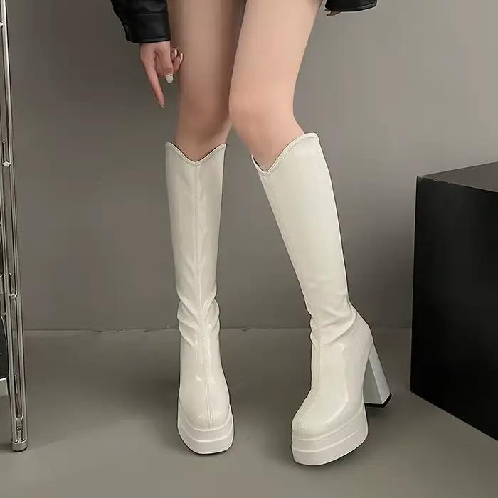 Bottes pour femmes mode confortable noir blanc botte haute en cuir souple talon épais
