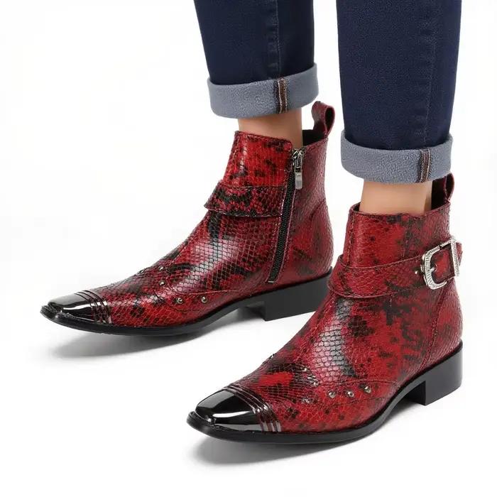 Bottes courtes brillantes à motifs de serpent pour hommes, avec boucle à rivets en métal, bottes courtes de Style de rue tendance et personnalisées