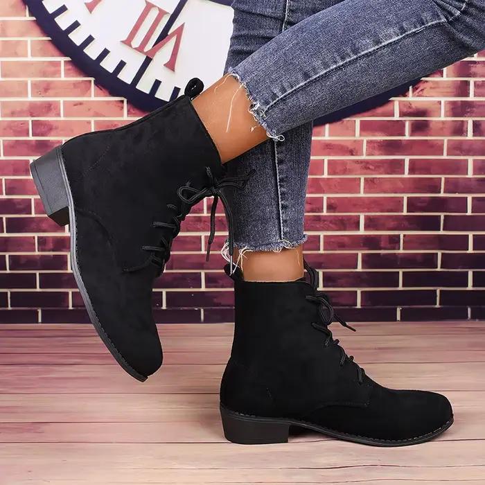 Femmes mode noir à lacets bottines printemps automne confortable bas bloc talon bottes courtes femme grande taille Botas Mujer 2025