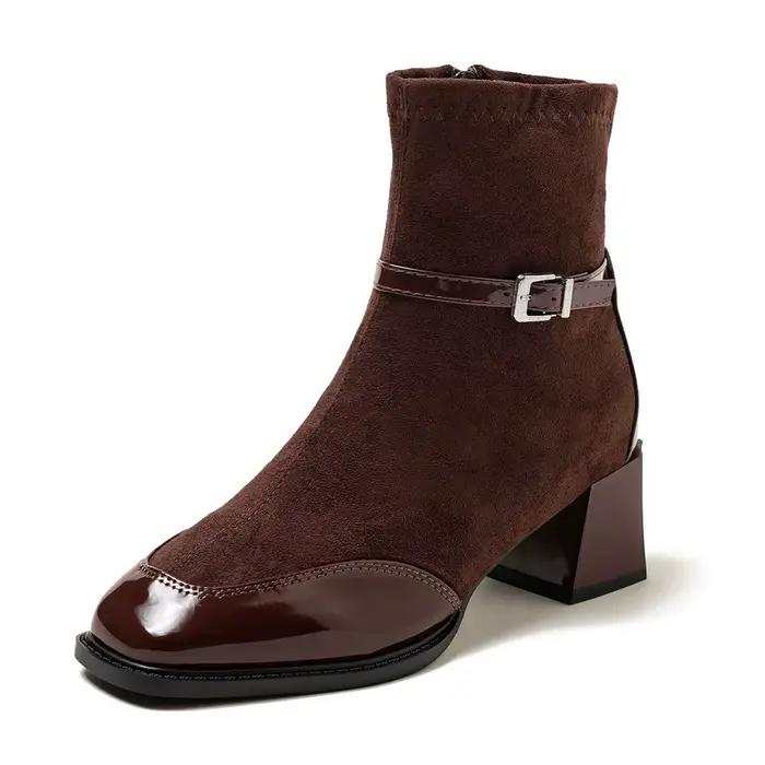 Bottines courtes en velours noir de style rétro français-britannique, fermeture éclair latérale, bottes tendance, bout carré, cuir et velours, automne-hiver, nouveauté...
