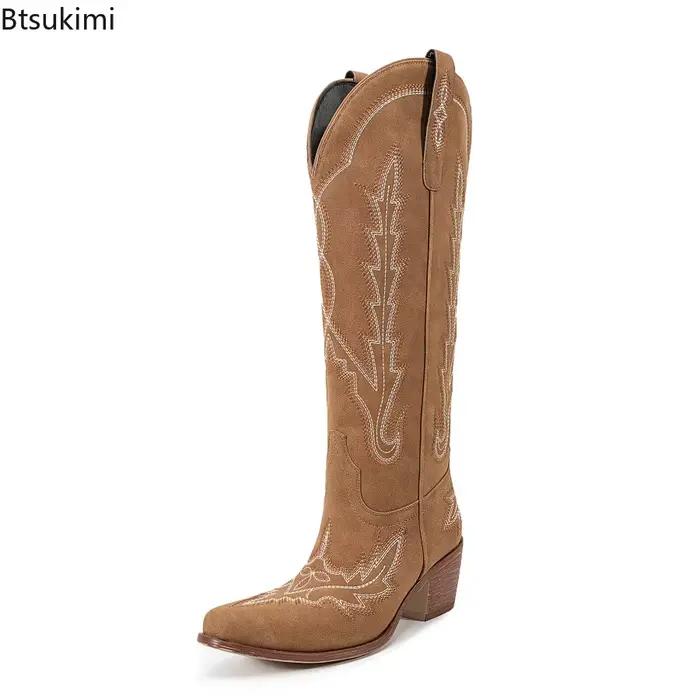 Bottes d'équitation rétro brodées pour femmes, bout pointu, talon épais, hauteur des genoux, printemps-automne, bottes de Cowboy occidentales pour filles