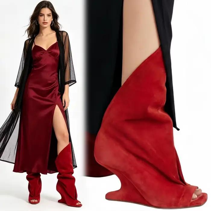 Bottes hautes rouges en daim pour femmes, à bout ouvert, avec talon compensé original, style chaussette souple, bottes d'équitation, design féminin, à enfiler, pour soirée et défilé.