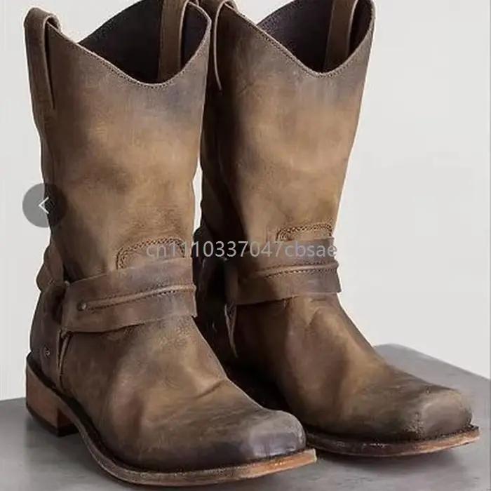 Bottes de cowboy western rétro médiévales unisexes mi-mollet en cuir PU à enfiler pour hommes et femmes, style décontracté d'hiver pour l'extérieur