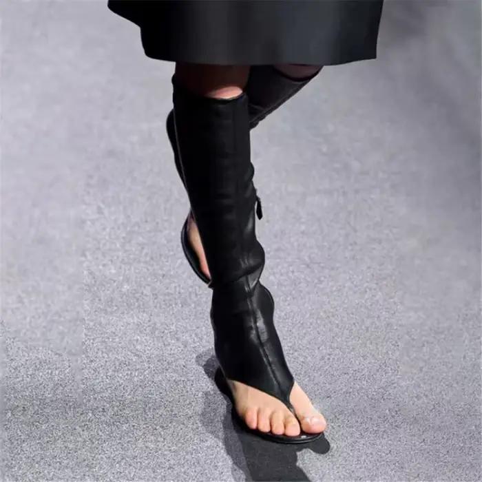 Bottes hautes au genou évidées pour femmes, sandales irrégulières, chaussures européennes et américaines, Parker ouvert, noir et blanc, sexy