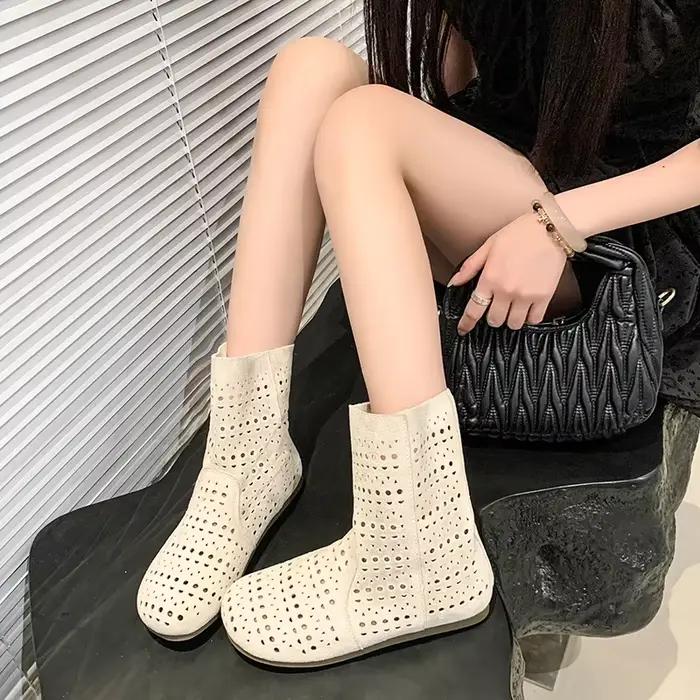 Bottes plates d'été en maille respirante de haute qualité pour femmes 2026 – Bottes tendance à lacets pour femmes 35-40