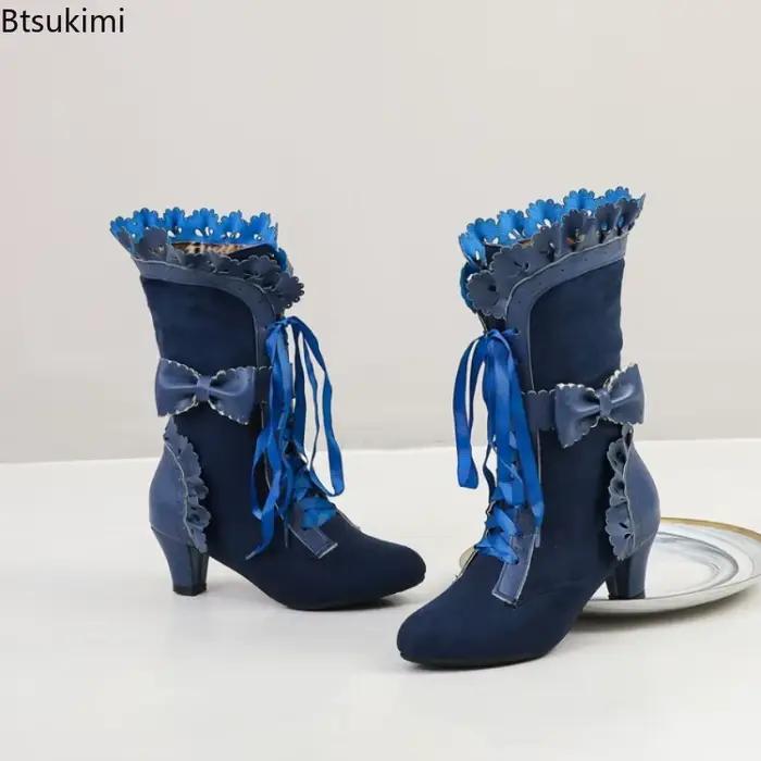 Bottes victoriennes vintage à lacets talons aiguilles garnitures volants style Lolita princesse pour cosplay fêtes du thé et occasions spéciales