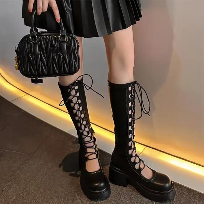 Bottes Hautes à Lacets et Talons Plateforme pour Femme Chaussures Ajourées Élégantes, Styliste, à la Mode, Été